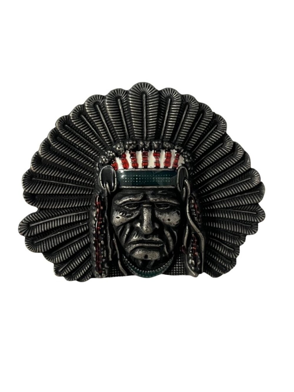 Vintage Western Belt Buckle Native American Chief Headdress Silver Tone Southwes